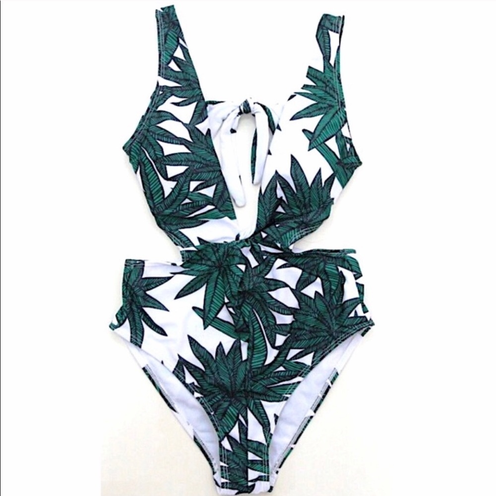 Palm Leaf One Piece Swim Suit V neck